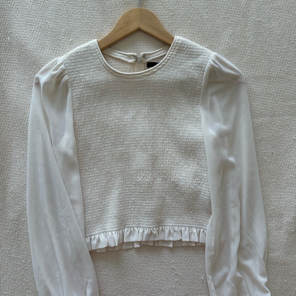 Quince Chiffon Cropped Smocked Cream Textured Blouse with Long Sleeves - Picture 5 of 8